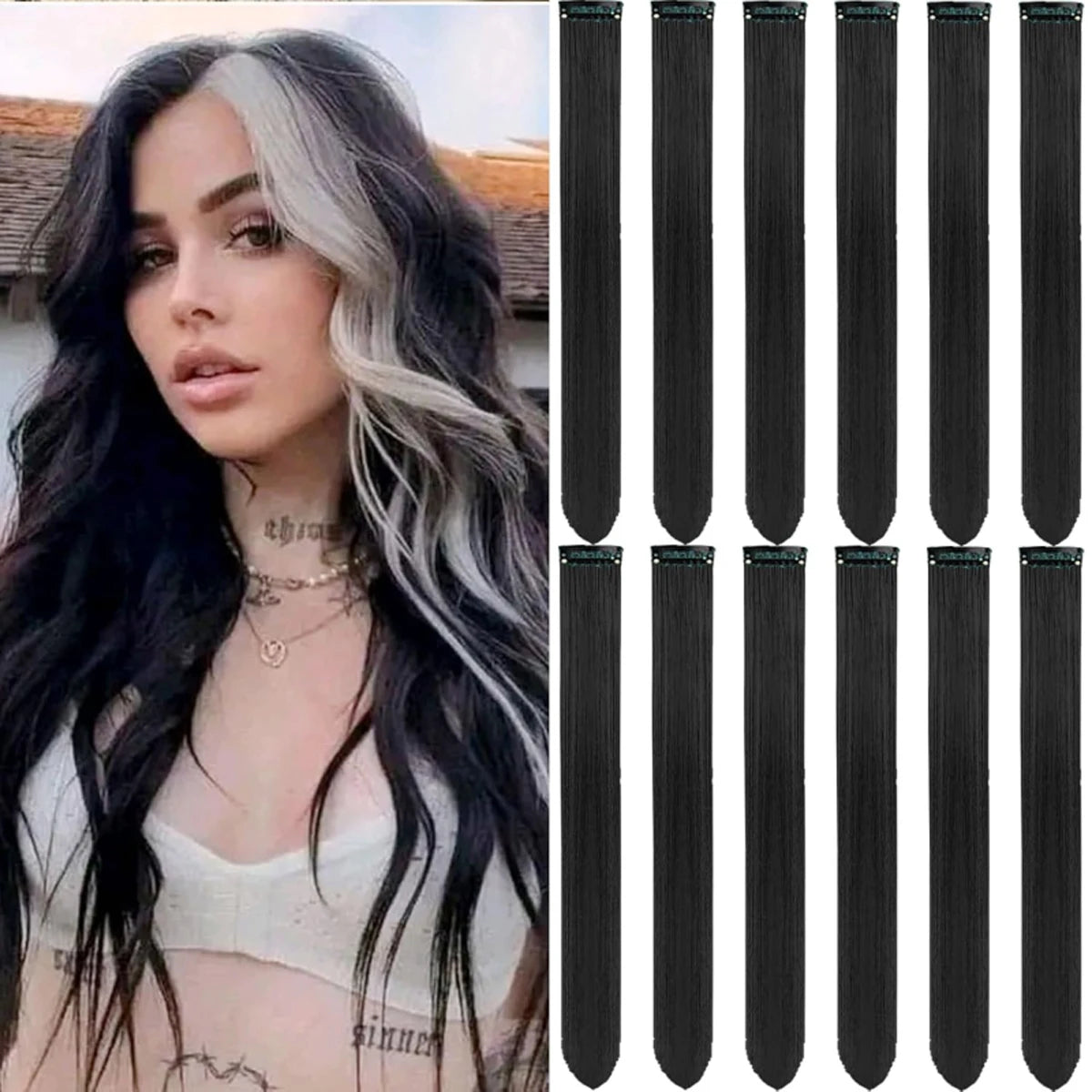 6/12 PCS Hair Extensions Clip, 22in Colored Hair Extensions Party Highlights Long Straight Synthetic Hairpieces for Girls Cospla