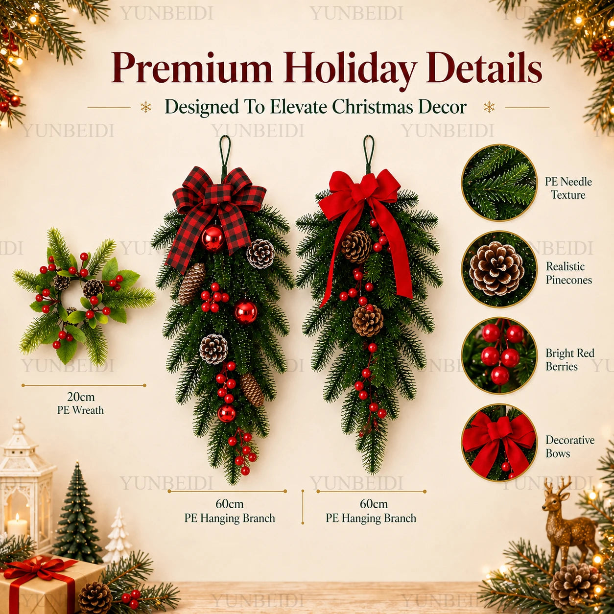 Artificial Christmas Branches PE Material Christmas Wreath 20CM/60CM for Home Windows Doors and Walls Christmas Decorations