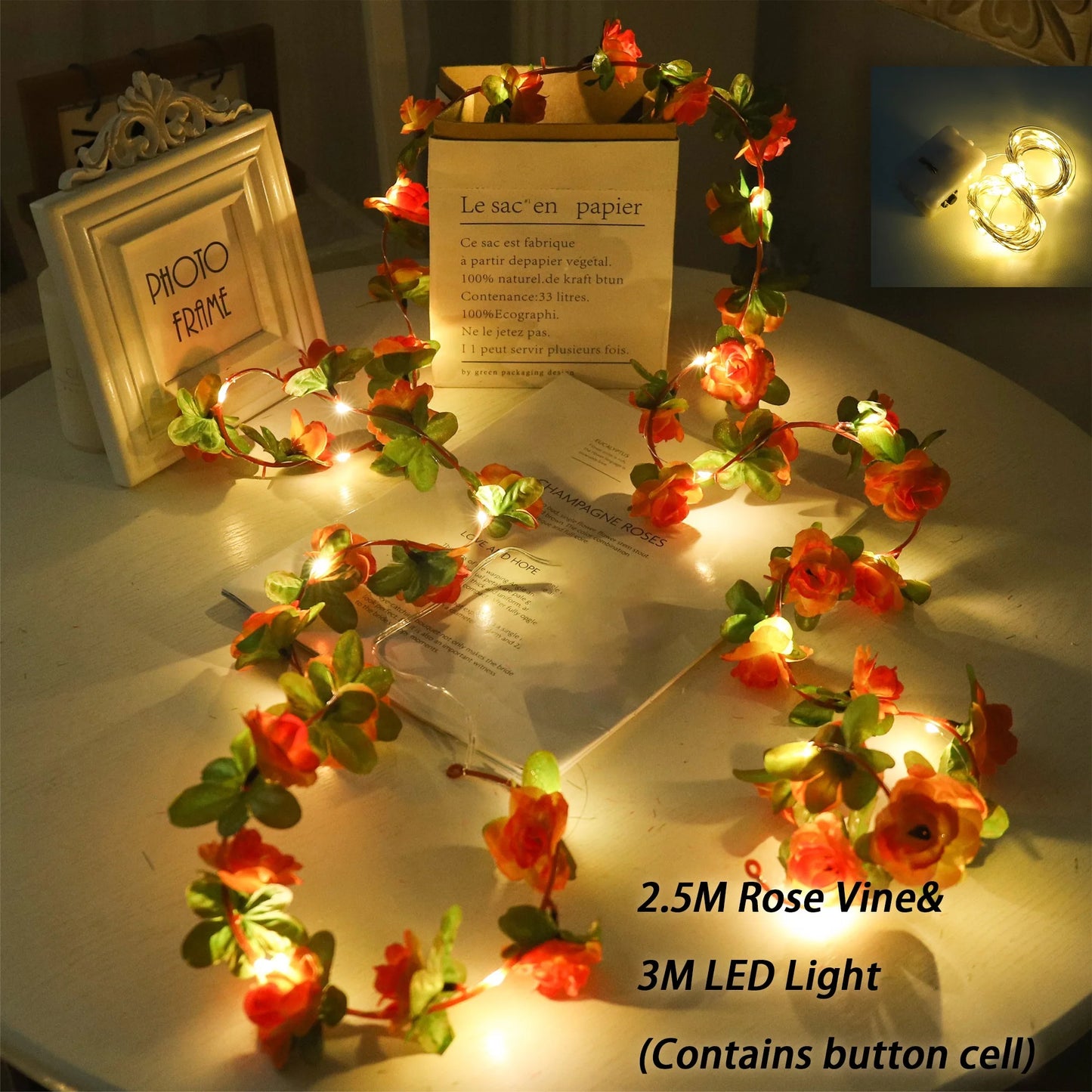Rose LED Lights String Artificial Flowers Ivy Leaves Wedding Garland Home Room Decoration Arch Hanging Wall Garden Party Decor
