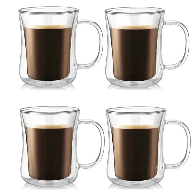 YWDL 1-4pcs Double Wall Glass Espresso Cups Clear Coffee Mug With Handle For Hot Cold Beverage Wine Milk Juice Drinkware Set