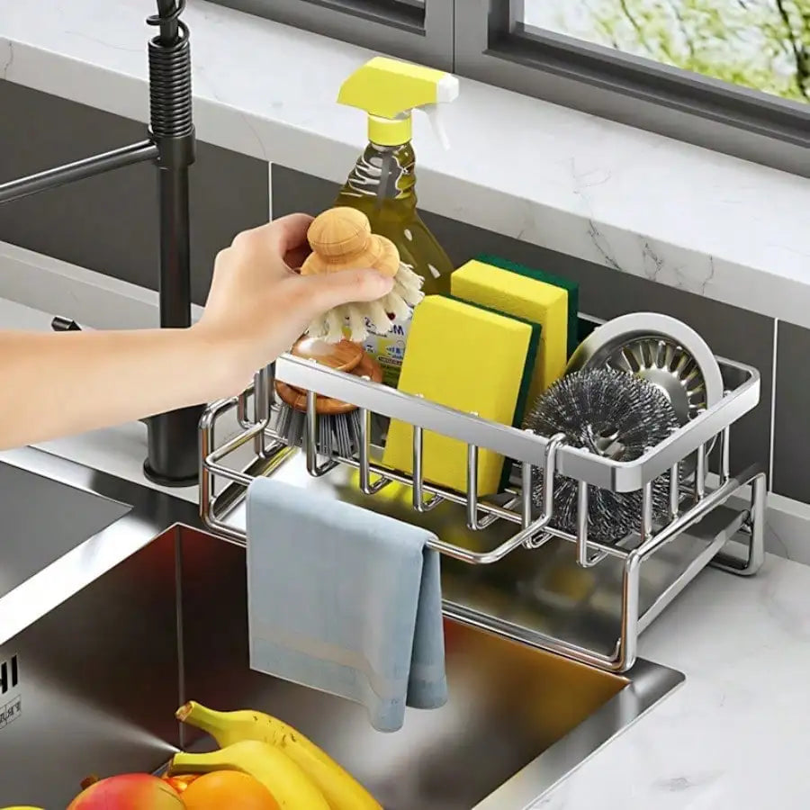 Stainless Steel Kitchen Sink Caddy Organizer, Adhesive Sponge Holder With Drain Tray, Multi Compartment Dish Brush Soap Storage Rack, Household Countertop Sink Accessory