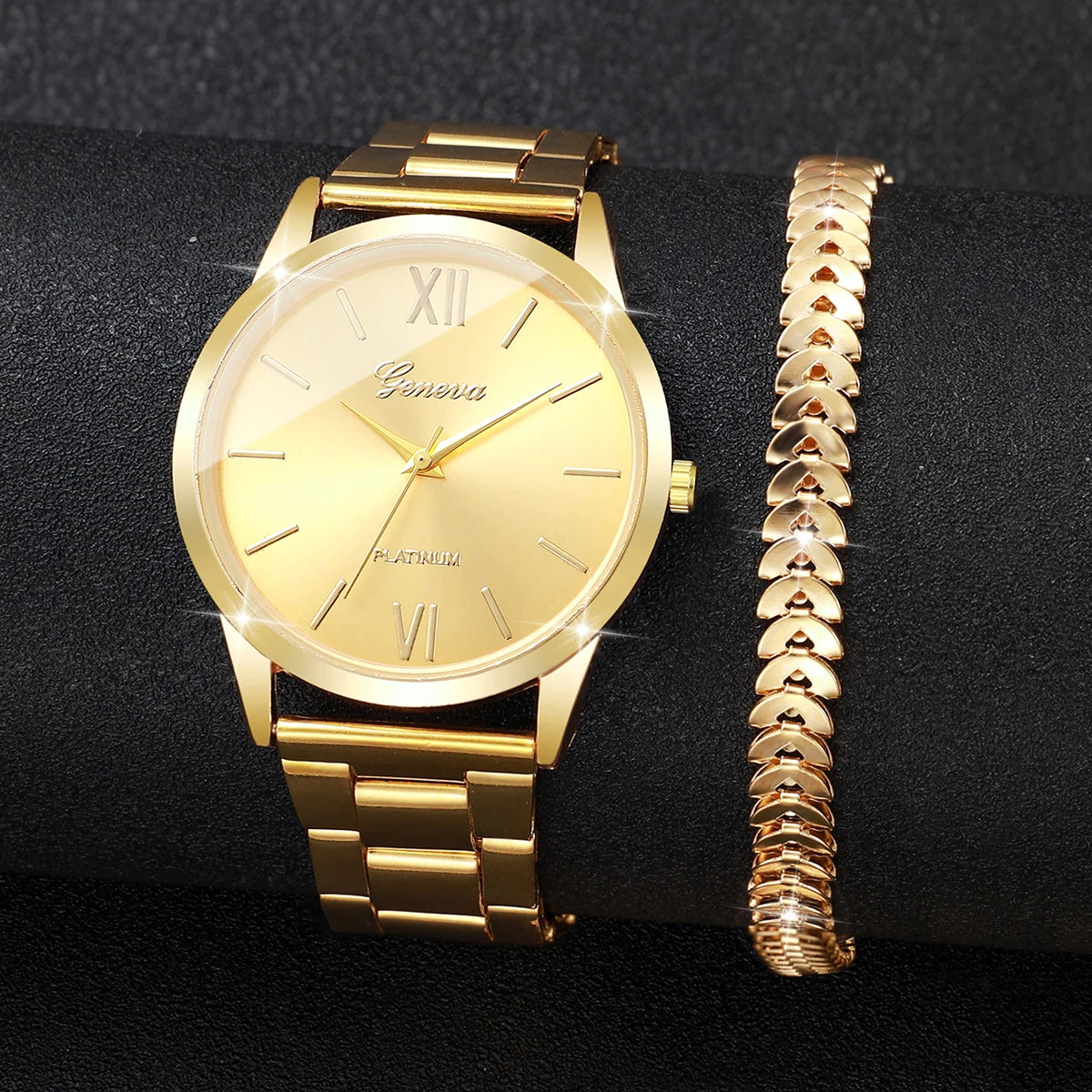 2PCS/Set Luxury Women Quartz Watches Fashion Roma Dial Ladies Wristwatch Bracelet Set Reloj Mujer (Without Box)
