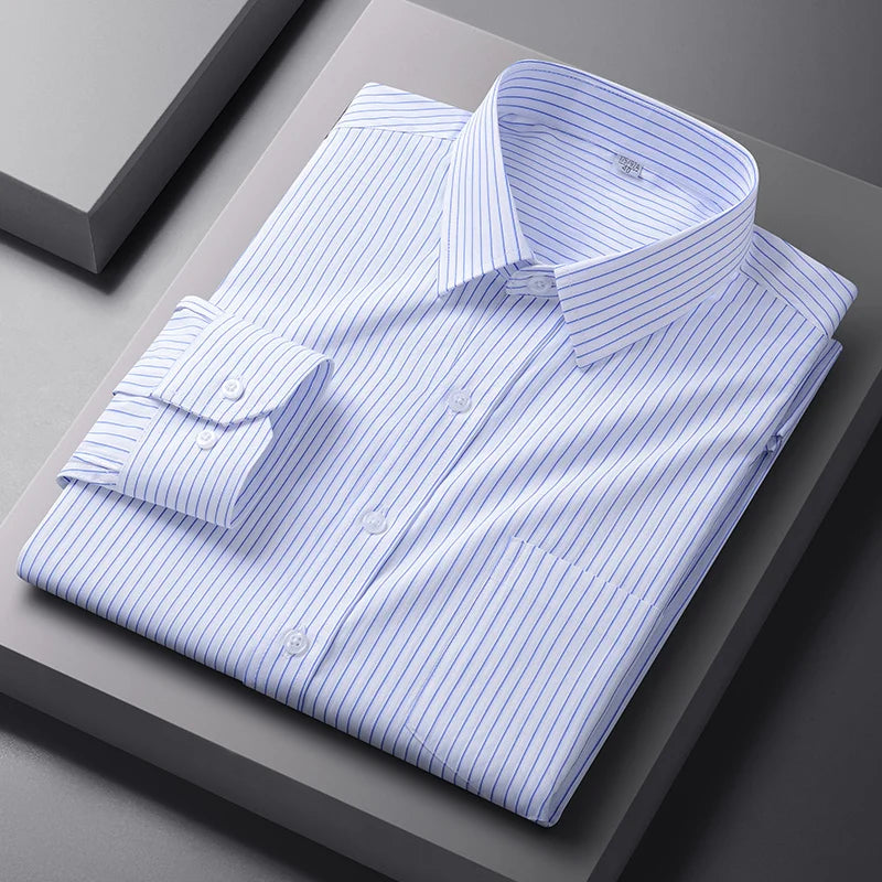 Men Formal Shirt Long Sleeve Office Solid Color Fashion Business Pocket Social Office Blue White Shirts Men's Clothing S-5XL