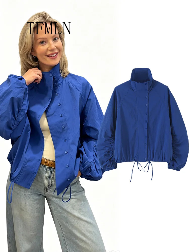TFMLN Vintage Blue Single Breasted Jackets For Women 2026 Autumn New Chic Causal Folds Sleeve Stand Collar Coats High Street Top