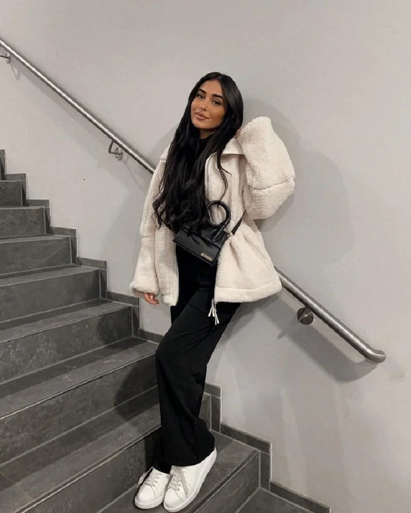 Elegant Autumn Winter Loose Jackets Fashion Women Zipper Fleece Lapel Thick 2024 New Coats Casual Streetwear Vintage Retro Coat