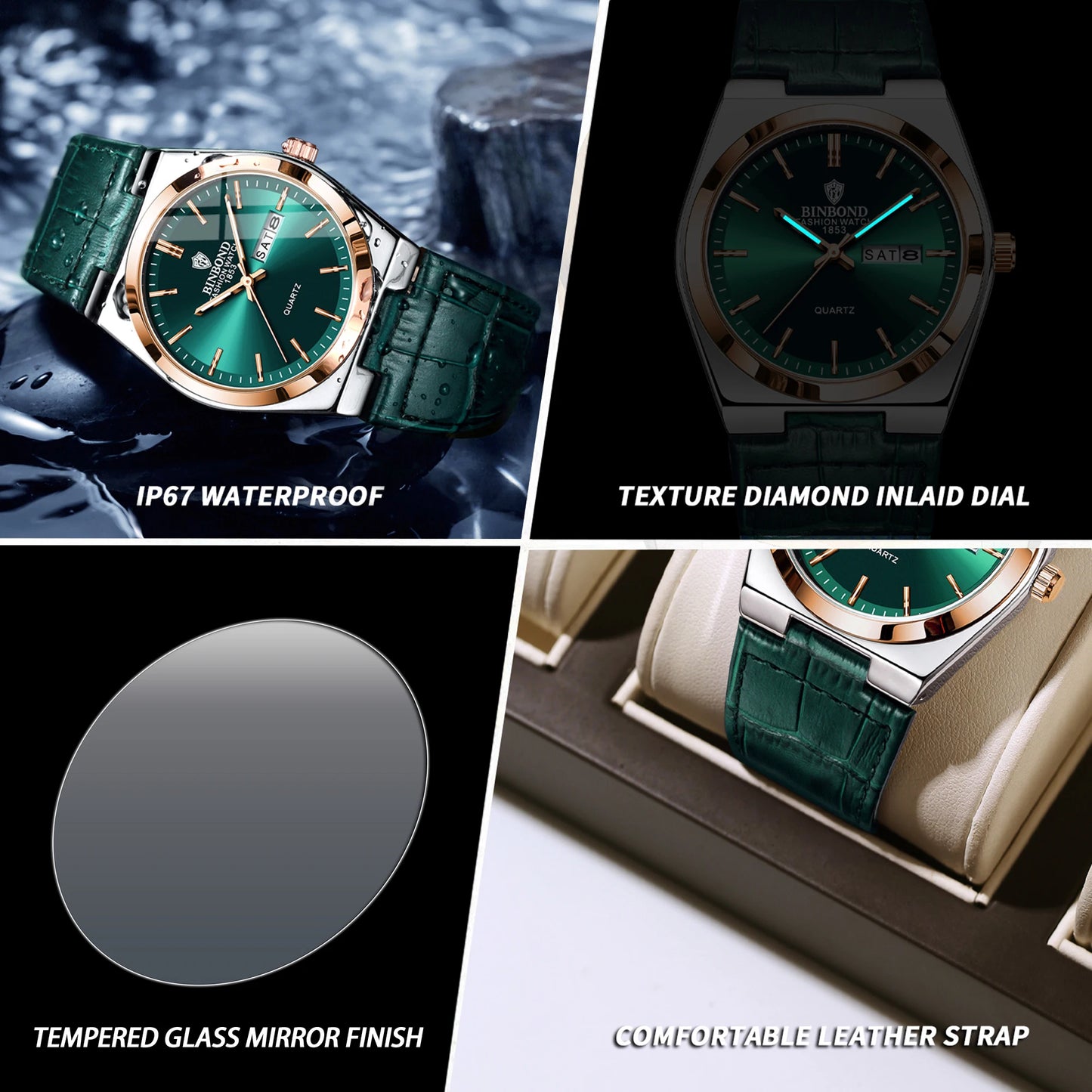 BINBOND Durable Men's Watch Reloj Leather Strap Luxury Quartz Wristwatches Precise Luminous Waterproof Auto Date Week Display