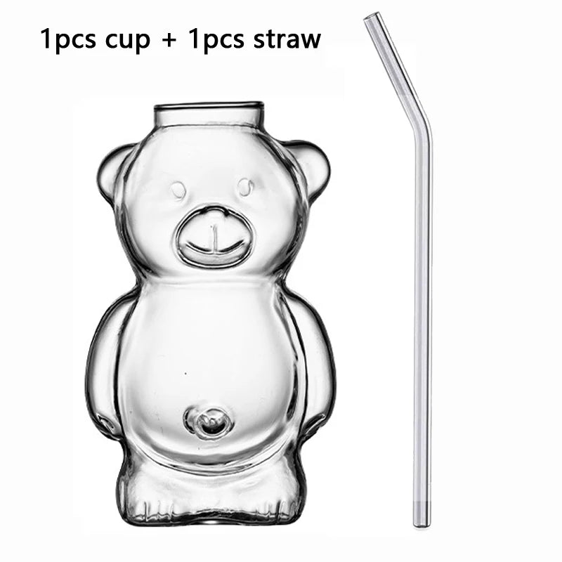 YWDL 1/2pcs Cartoon Bear Shaped Glass Cup With Straw 300ml Transparent Juice Cocktail Glass Cup Restaurant Home Coffee Milk Cup