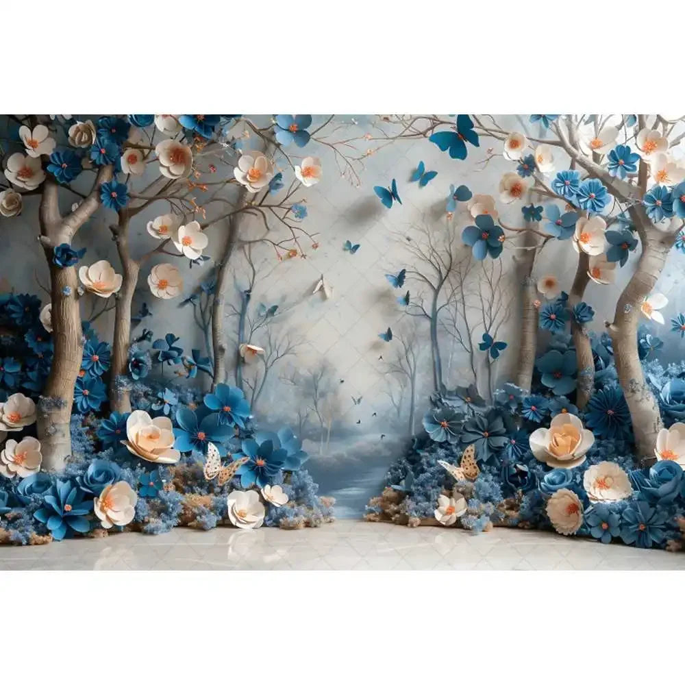 Blue gradual change butterfly wedding photography background custom dream flower portrait photo decoration banner studio supplie