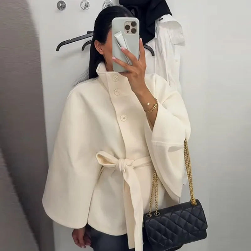 Faux Fur Cloak Jackets Women Loose Standneck Three Button Wide Sleeves Belt Coats Female 2026 Autumn Solid Chic Fashion Outwears
