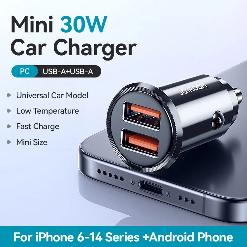 Joyroom 30W Mini Car Charger PD QC3.0 USB Type-C Fast Charging Car Charger Dual Ports Phone Charger For iPhone Samsung Galaxy