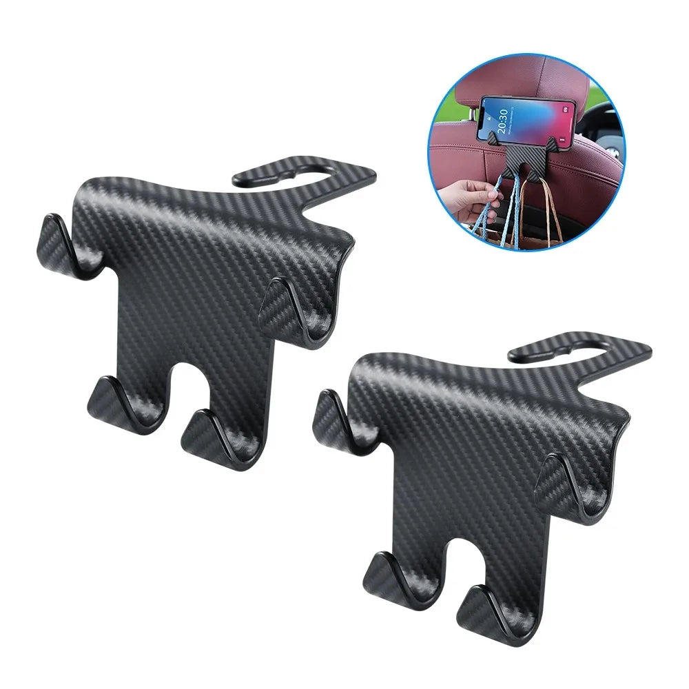 Car Seat Headrest Hook Carbon Fiber Mobile Phone Holder Car Vehicle Universal Holder Handbag Purse Coat Car Interior Accessories