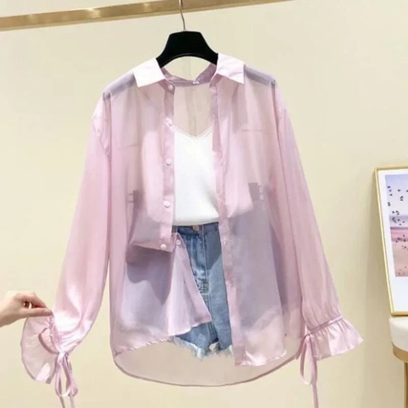 Smvp Chiffon Blouses for Women Summer Thin Loose Button-Up Sunscreen Shirt Woman Korean Fashion Bow Lace-up Long Sleeve Shirts