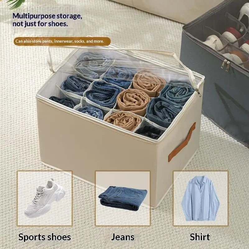 Foldable Fabric 12 Grid Shoe Storage Box Clear Zipper Lid With Handle Sneaker Organizer For Bedroom Daily Storage