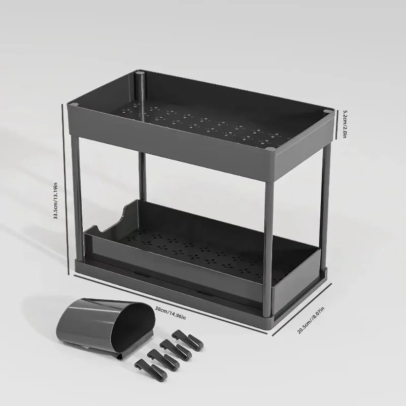 2-tier Under Sink Storage Rack Sliding Cabinet Basket Storage Rack Multifunctional Storage Rack Bathroom with Hook Hanging Cup