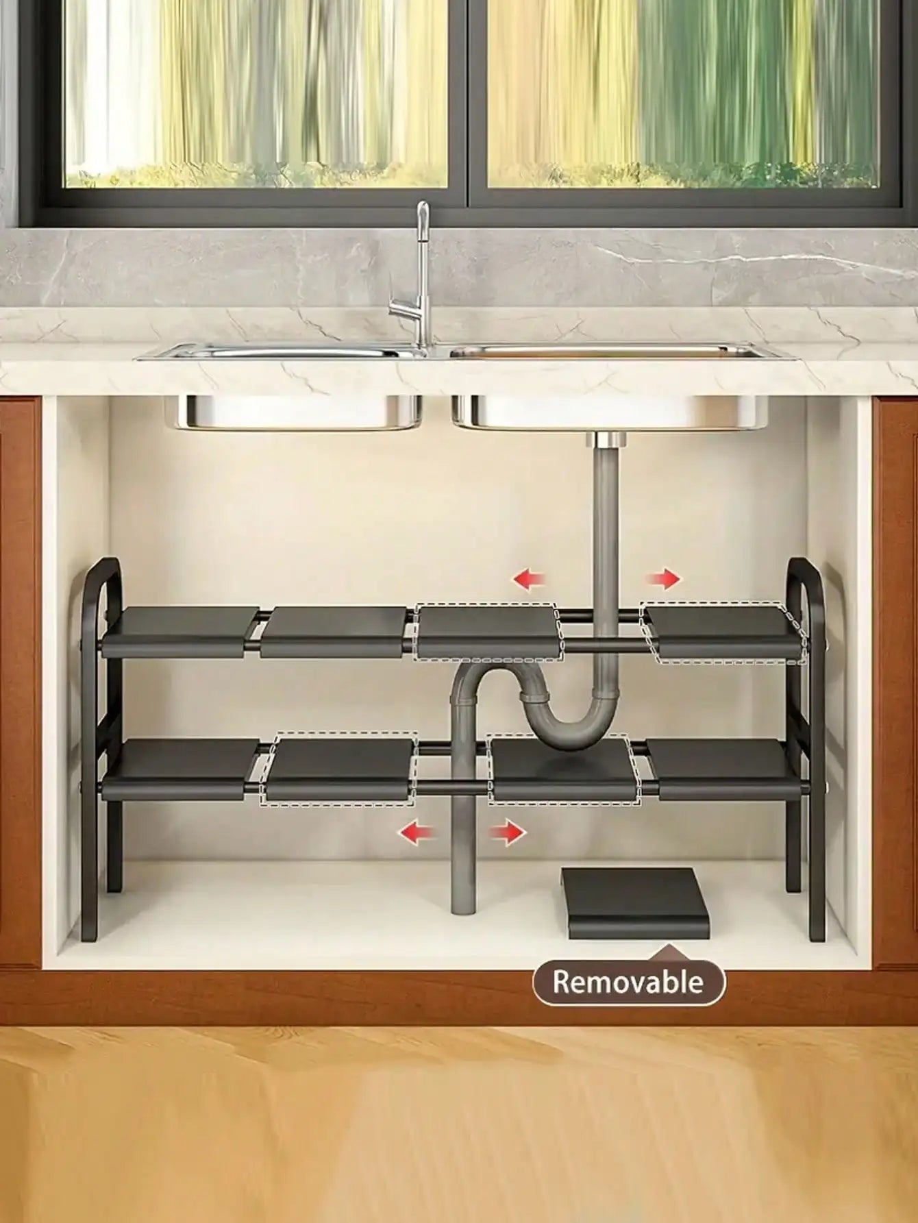 1pc Under Sink Organizer 2 Tier Expandable Kitchen Rack Shelf Black Metal Pot Pan Holder With Removable Panels Height Adjustable Cabinet Storage Shelves Rack For Kitchen Bathroom Counter Organization Gift
