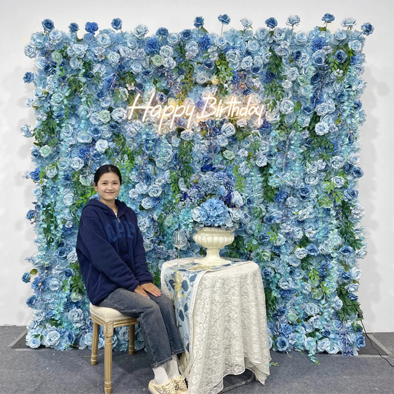 Luxur white Rose Roll Up Cloth 5D Flower Wall Arrangement Wedding Backdrop Decor Hanging Curtain Green Plants Wall Party Props