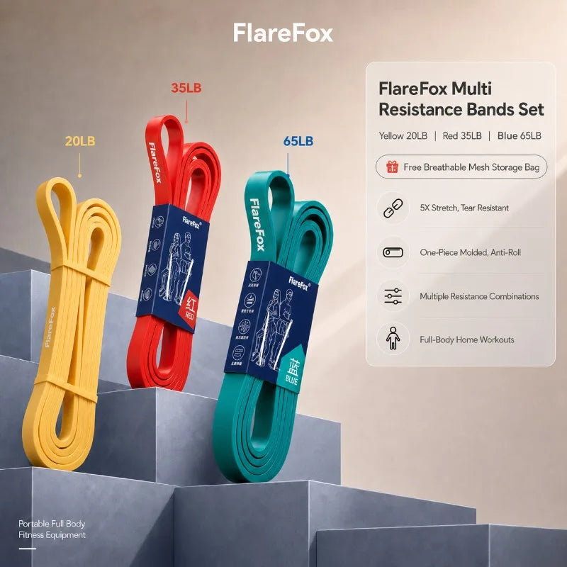 FlareFox Multiple Resistance Bands Set Pull-up Assist Straps Strength Agility Training Handy Gym Equipment for Home CrossFit
