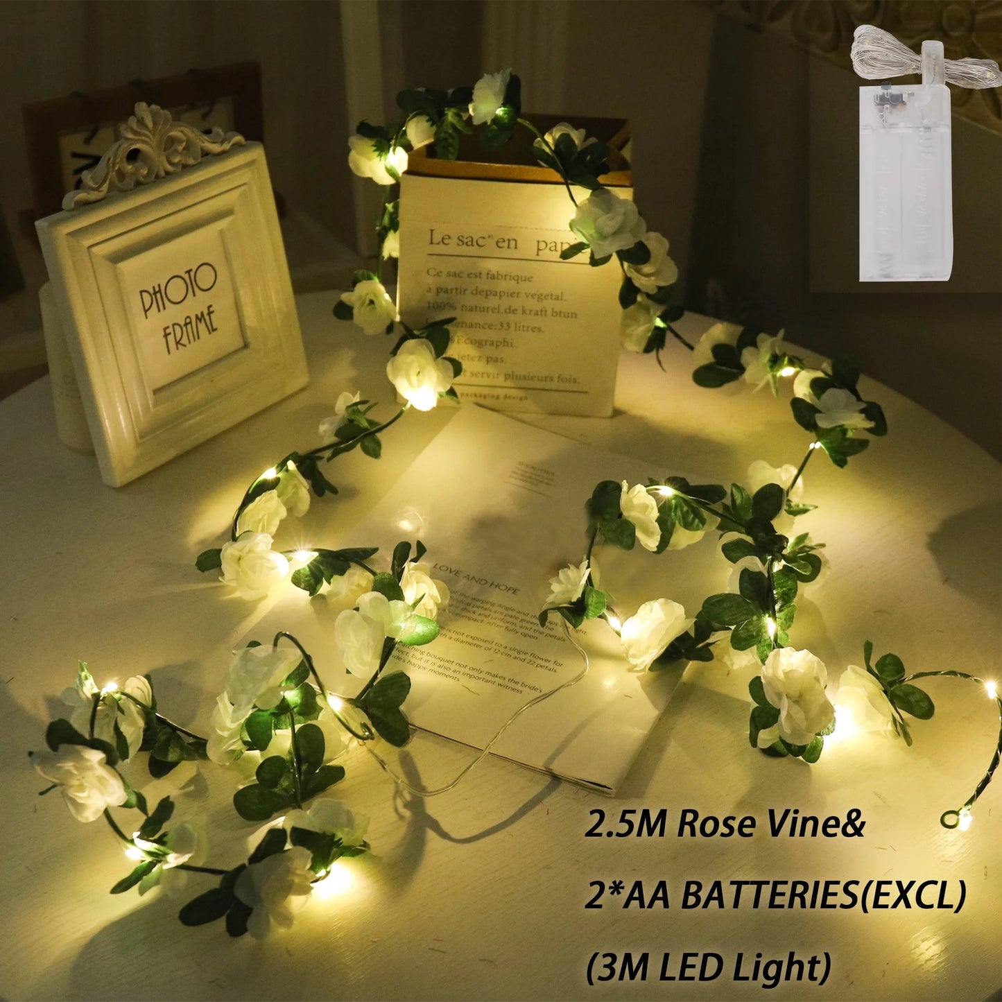 Rose LED Lights String Artificial Flowers Ivy Leaves Wedding Garland Home Room Decoration Arch Hanging Wall Garden Party Decor