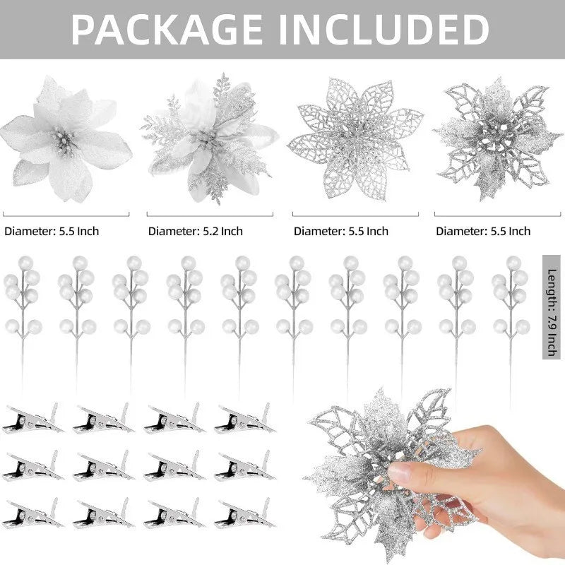 5Pcs Christmas Flowers Glitter Flowers Artificial Berry Christmas Tree Decorations Ornaments Xmas Party Wreath Floral Home Decor