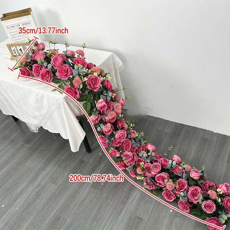 2m red rose Artificial Green Plants Flower Row Runner Wedding Backdrop center Flower ball Decor Floral Wall Party showcase Props