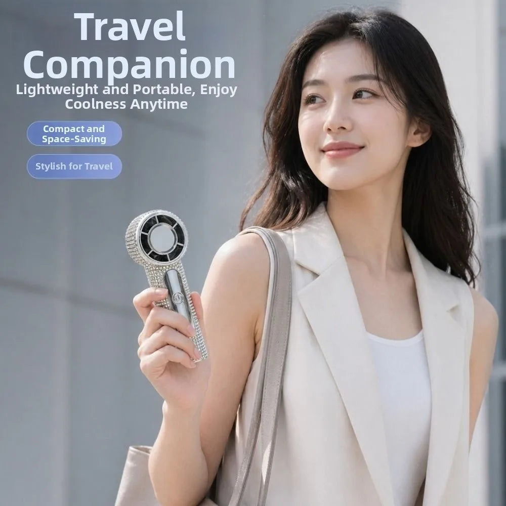 Digital Display Rhinestone Handheld Fan Sparkling 100 Gears Portable Hand Fan Quiet Operation Strong Wind Personal Electric Fan