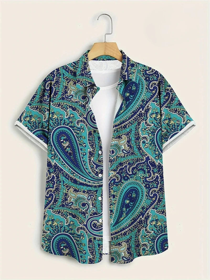 Hawaii Shirts for Men 3D Paisley Graphic Short-sleeved T-shirt Casual Lapel Buttons Male Tops Summer Oversized Bohemian Man Tees