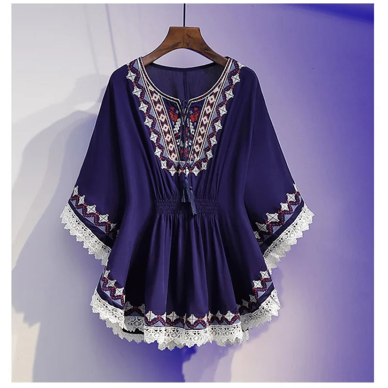 Women Summer Tees Retro Boho Style Print Crop Blouses Cloak Top Loose Cotton Lace Hem Bat sleeve Kimono Shirts Blusa Feminina