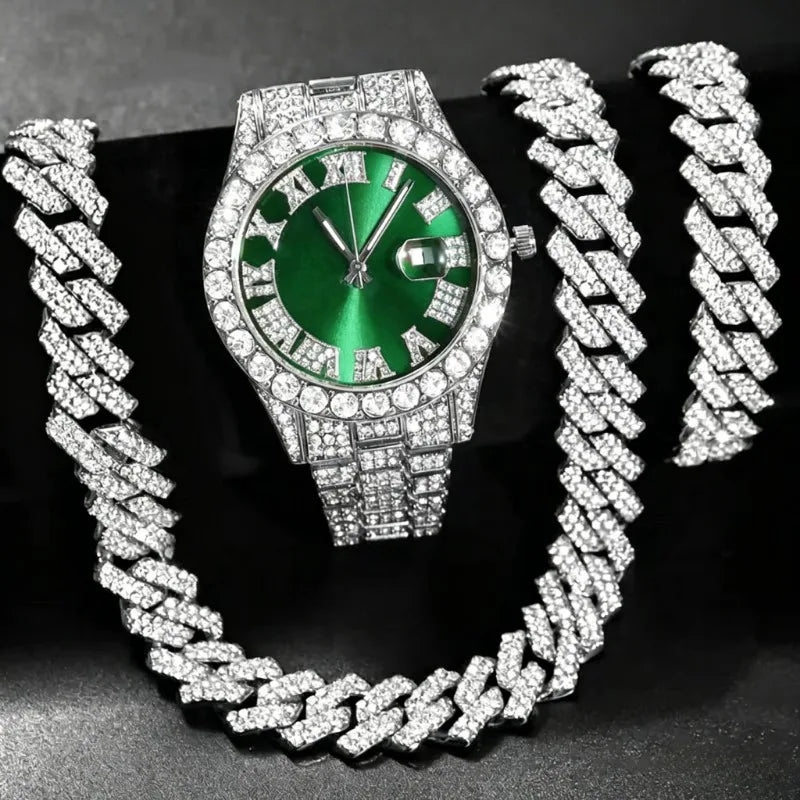 3PCS Hip Hop Iced Out Men's Watch Jewelry Set Luxury Rhinestone Quartz Wristwatch Cuban Link Chain Accessories for Women Gift