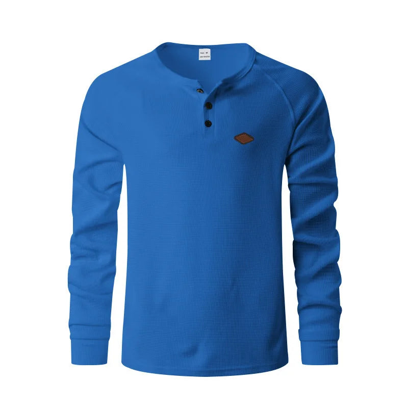 Mens Waffle Texture Henley Neck Long Sleeve Top Raglan Sleeve Leather Label Decor Loose Casual Solid Color Daily Pullover Shirts