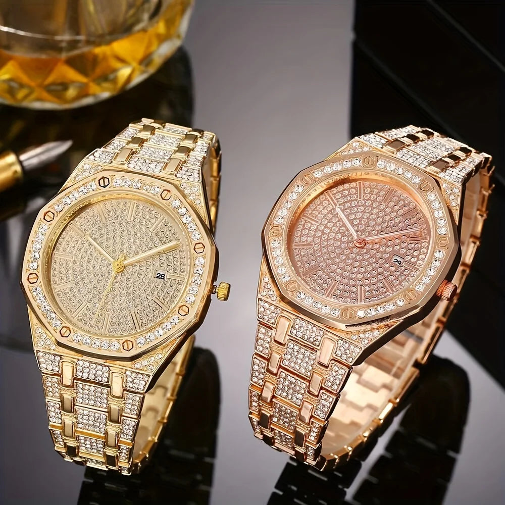 Fashion Luxury Hip Hop Diamond Style Square Men's Watch Shiny Crystal Stainless Steel Quartz Sports Men's Watch
