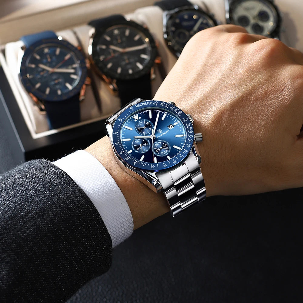 POEDAGAR Luxury Man Watch Chronograph Waterproof Luminous Date Men's Quartz Wristwatch Fashion Sport Stainless Steel Men Watches