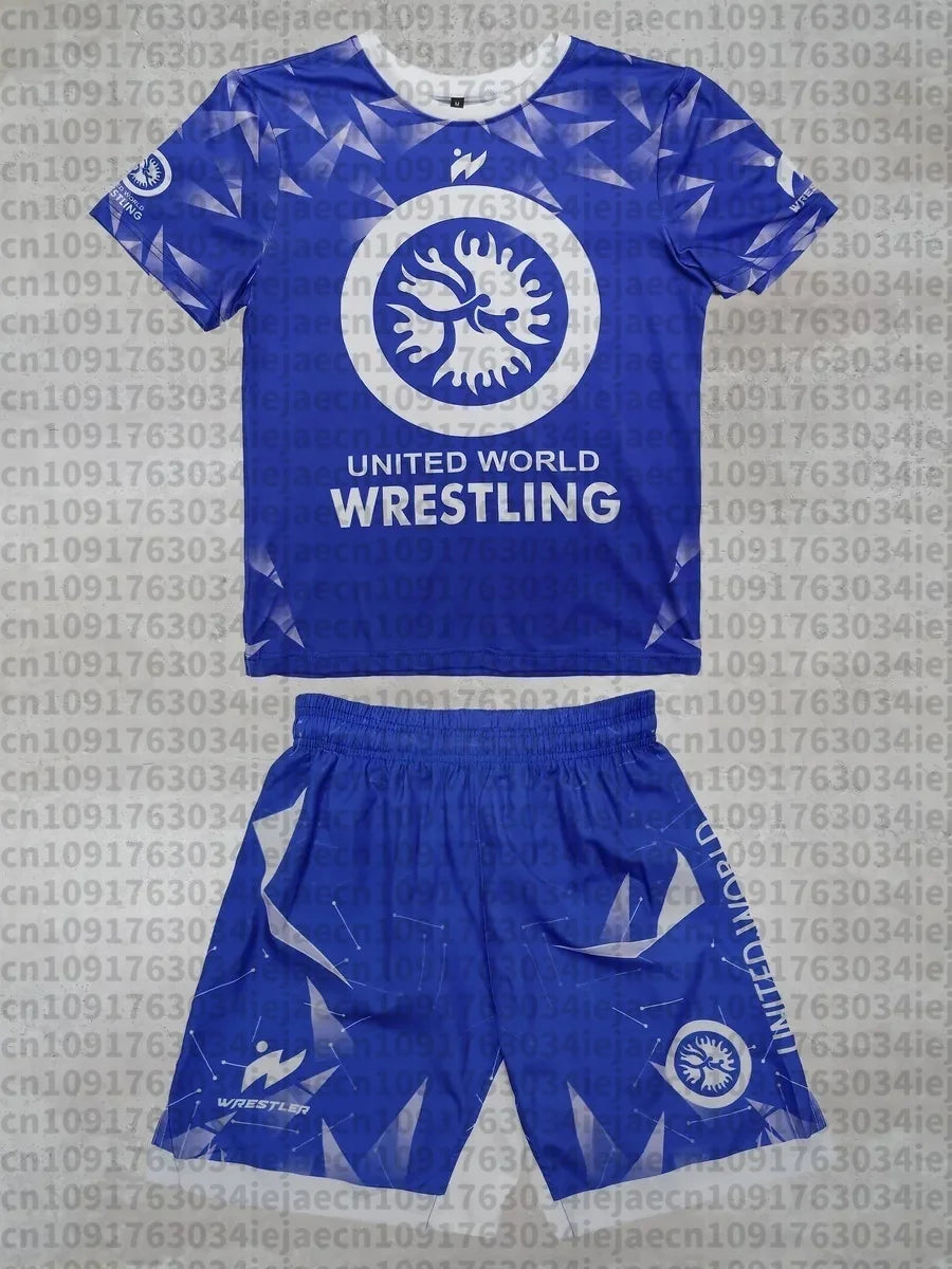 2026 New Summer Men United World Wrestling Sportswear Set Short Sleeve T Shirt and Shorts for MMA Training Lightweight