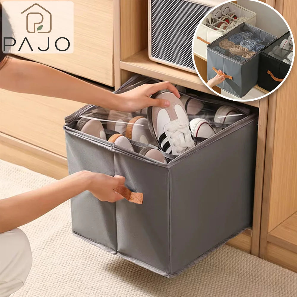 Shoe Storage Box Foldable Fabric Shoe Organizer Large Capacity with Clear Cover Dustproof Handles for Closet Entryway Bedroom