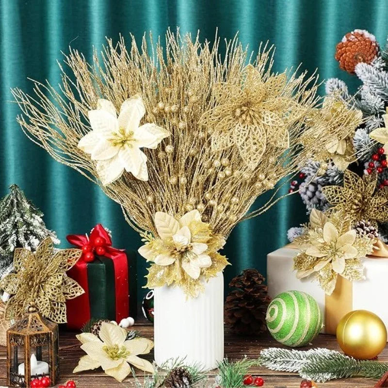 5Pcs Christmas Glitter Poinsettia Flowers Artificial Berry Christmas Tree Ornament for Xmas Wreath Floral New Year 2026 Decor