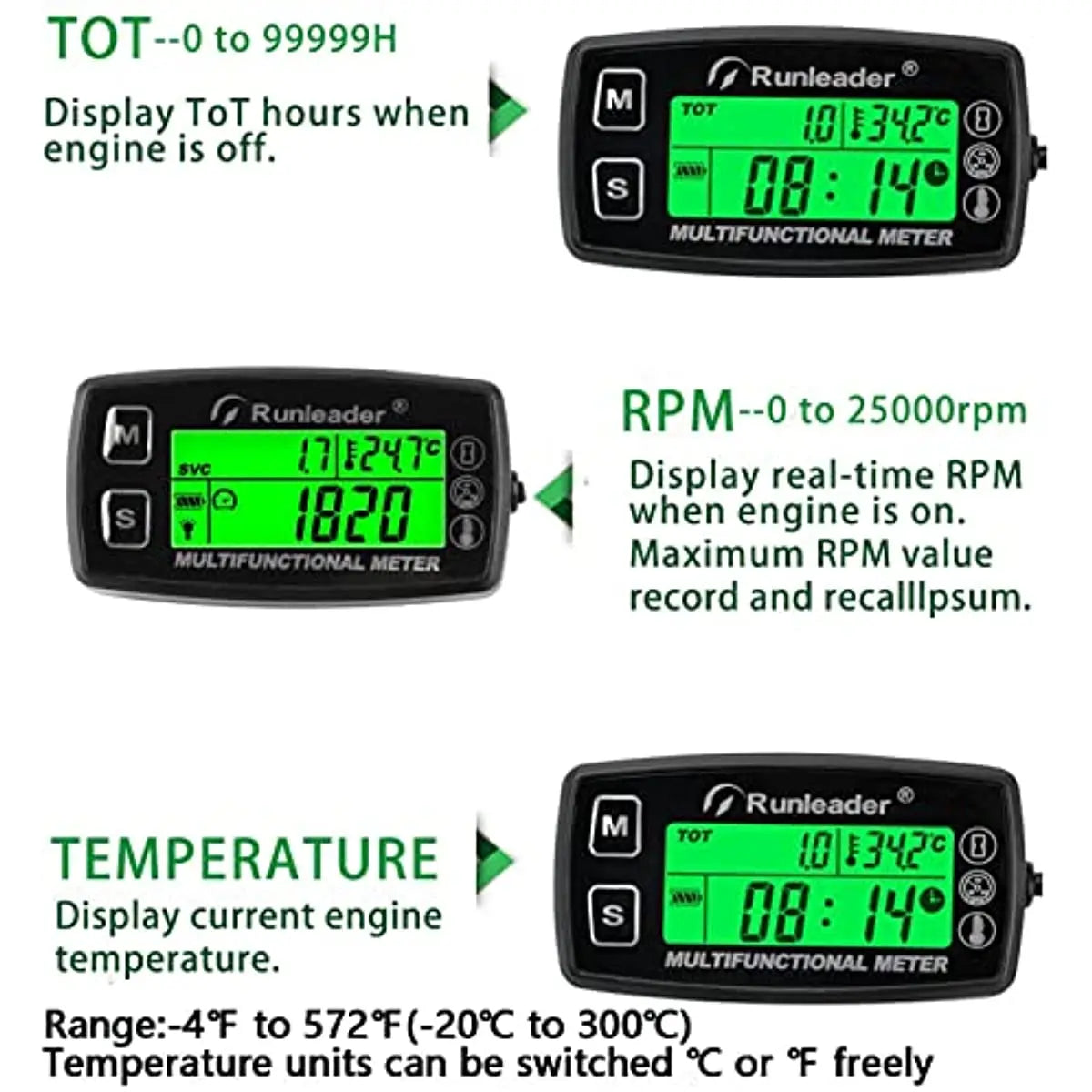 Digital RPM Tach Hour Meter Temperature Gauge Petrol Engine Motorcycle Marine Jet Ski Buggy SnowblowTractor Pit Bike Paramotor