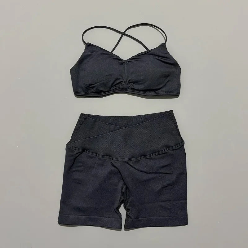 2 Piece Yoga Set Women Criss‑Cross Back Straps Bralette Crossover Waist Yoga Shorts Buttery-Soft Gym Training Workout Activewear