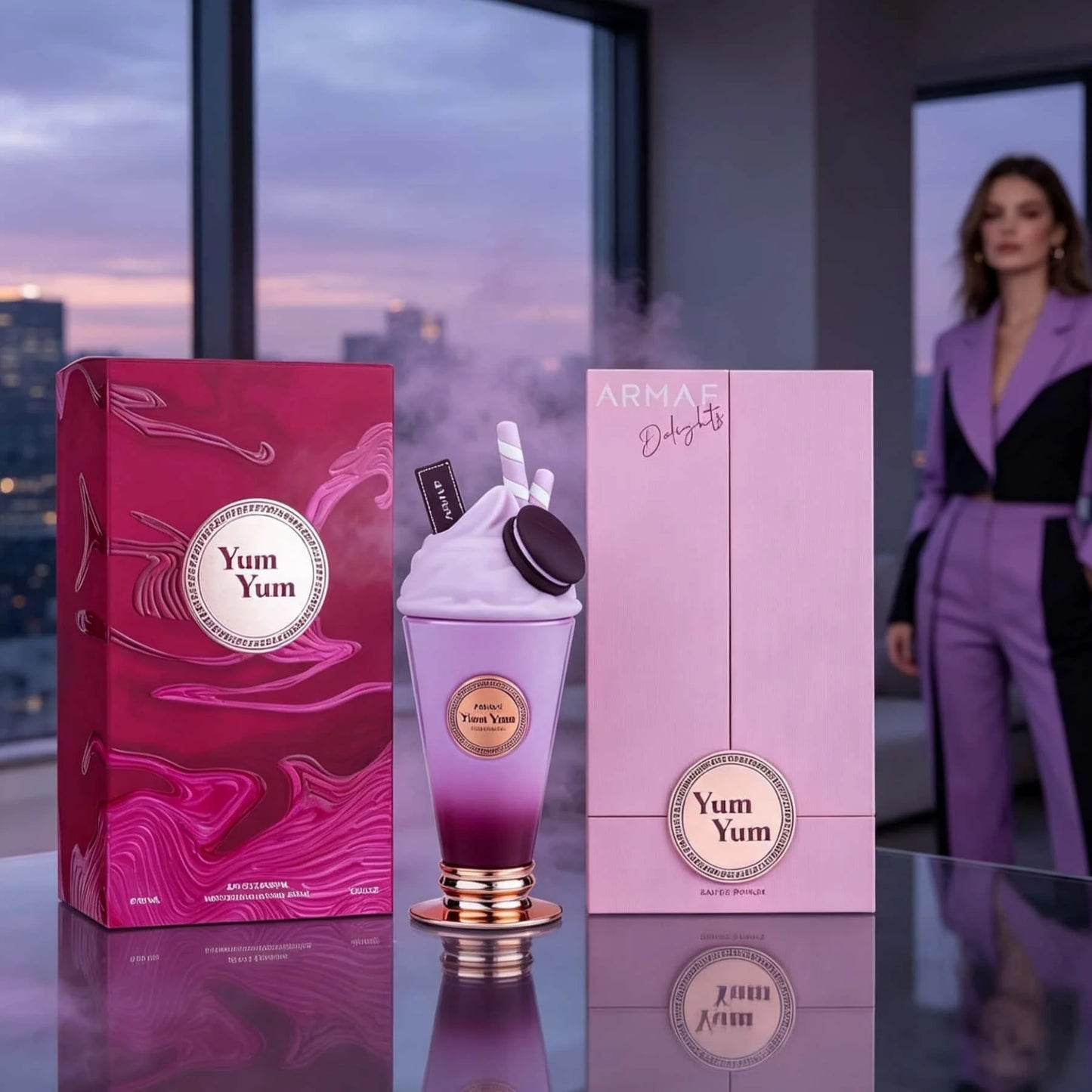 Armaf Yum Yum Eau De Parfum 100ml Unisex Perfume Cute Milkshake Cup Bottle Purple‑Red Gradient Vase Macaron & Wafer Decor Rose‑gold Base Sweet Gourmand Fruity Floral Scent Long Lasting Ladies Fragrance