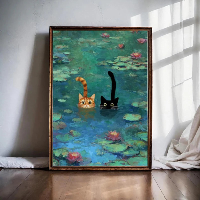 Monet Inspired Art Print, Whimsical Cat Poster Funny Cat Wall Art for Living Room Home Decoration