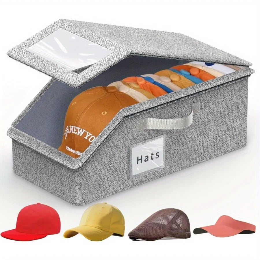 Stackable 13-Hat Storage Box – Clear Window, Zipper Dust-Proof, Foldable Organizer for Caps & Scarves