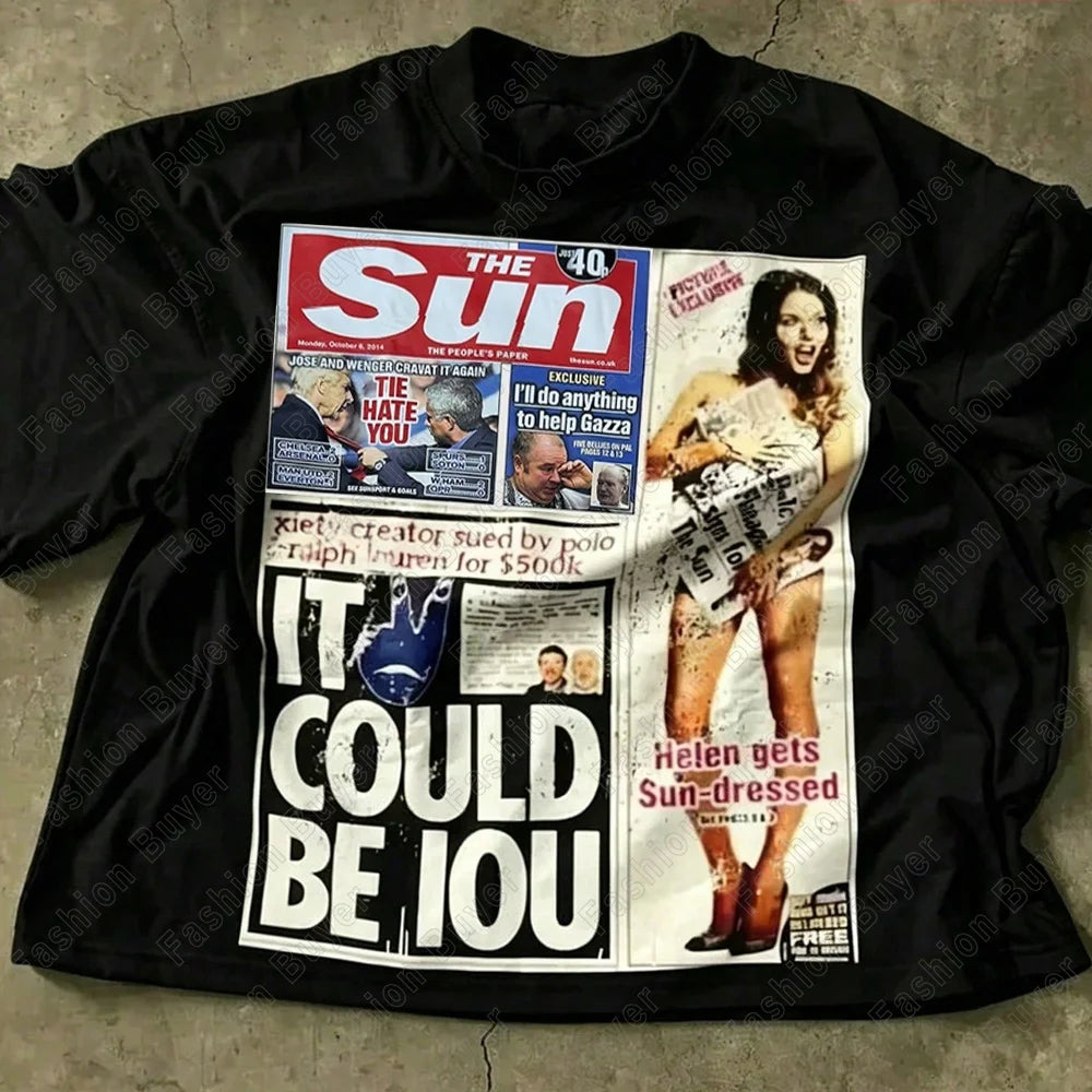 Harajuku American Newspaper Graphic T Shirts Y2k Tops Oversized T Shirt Couple Pro Choice Gothic Streetwear Vintage Men Clothing