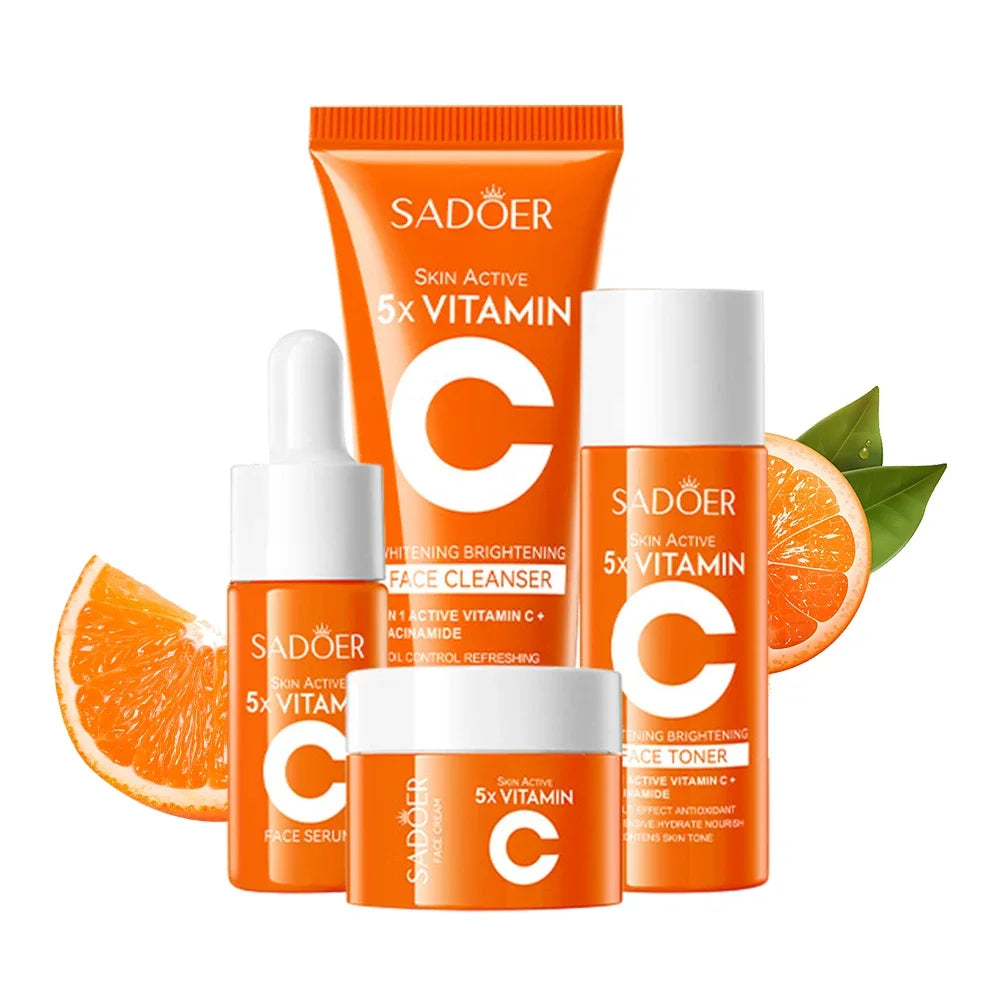 Vitamin C 5Pcs Skincare Set Cleanser Toner Serum Cream Brightening Moisturizing Glow Smooth Pore Care Korean Skincare