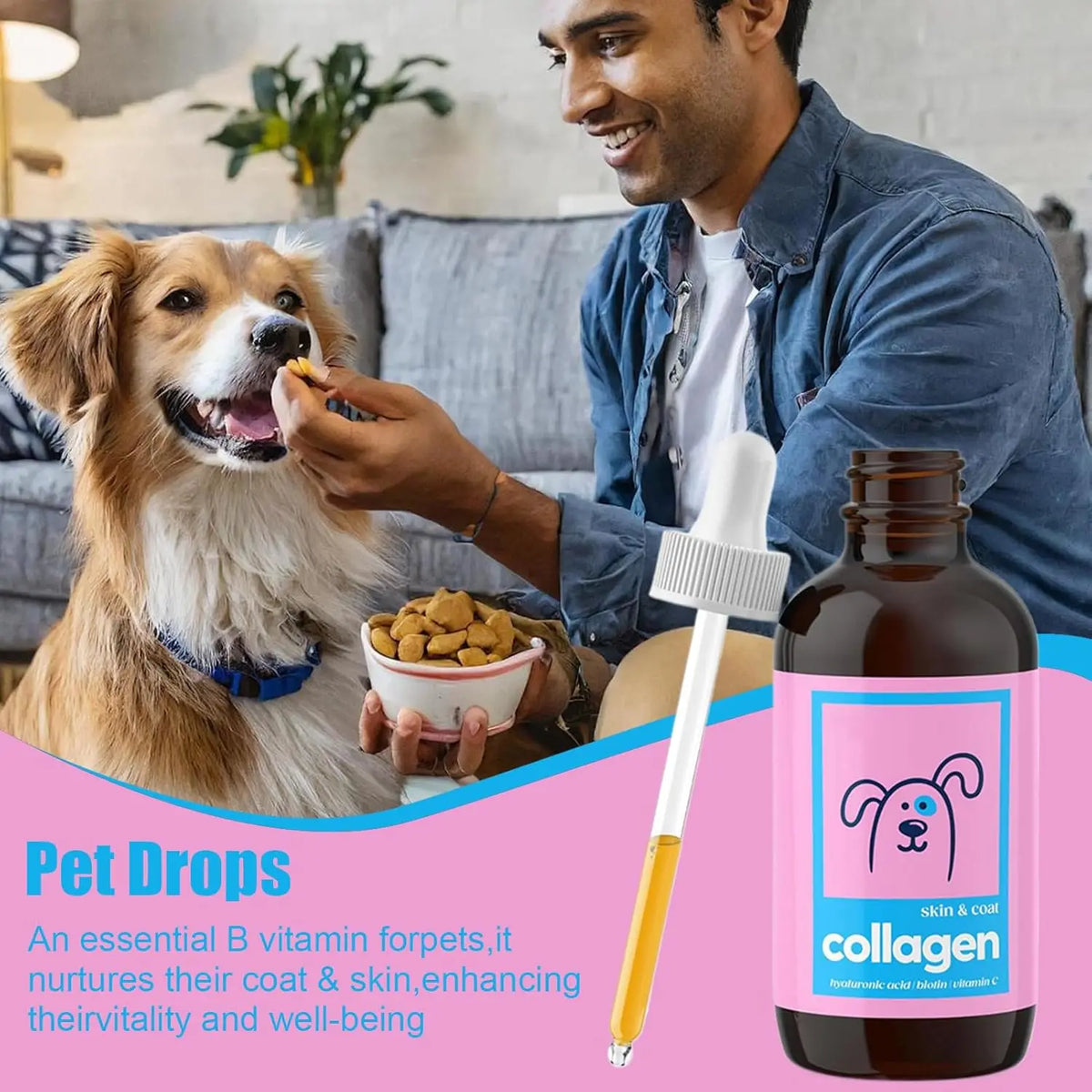 30ml Liquid Collagen for Dogs Skin Coat Supplement Premium Grass-fed Collagen for Dogs Biotin Vitamin C Hyaluronic Acid