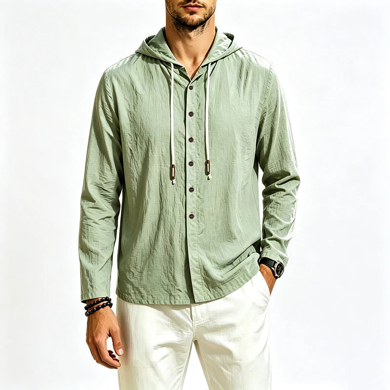 2026 New Men Cotton Linen Hooded Long Sleeve Shirt Drawstring Hood Casual Beach Vacation Travel Daily Walking Button Down Blouse