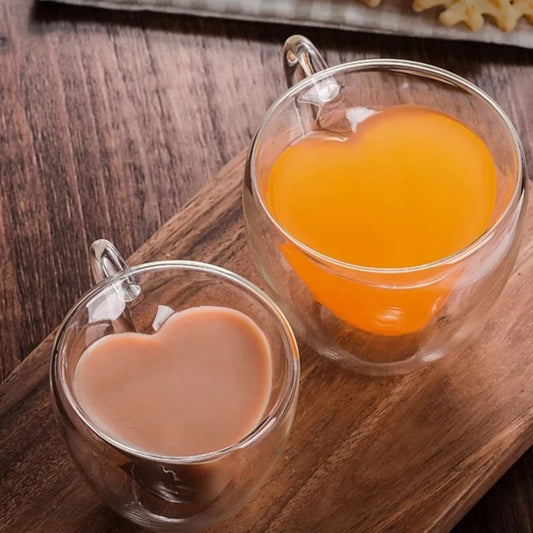 1/2pack Heart Cup Couple Cup Double Layer Glass Insulated Clear Tea Cup with Handle for Coffee,Cappuccino, Latte, Milk Drinkware