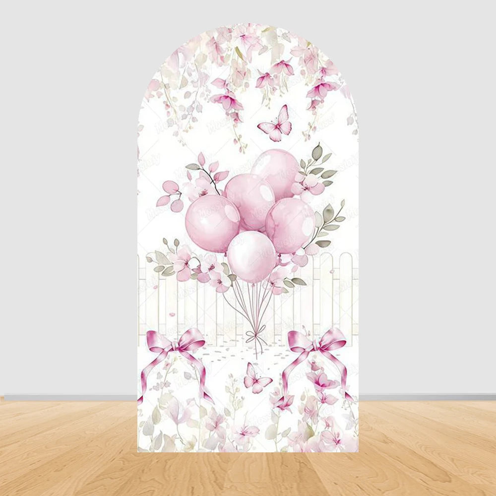 Cute Pink Bow Ballerina Bunny Rabbit Arch Backdrop Cover Flowers Pink Ballet Girl 1st Birthday Party Decor Arch Wall Background