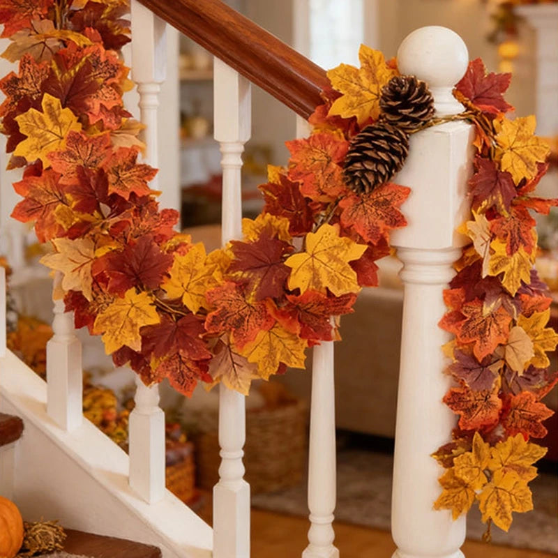2M Artificial Maple Leaf Garland Fake Fallen Leaves Autumn Decor Rattan for Thanksgiving Halloween Festivals Wedding Xmas Decor
