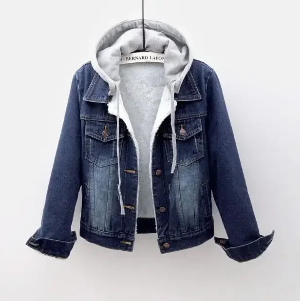 Women Denim Coat Hooded Single Breasted Button Jackets Hooded Patchwork Outerwear Cardigan Solid Pockets Streetwear Warm