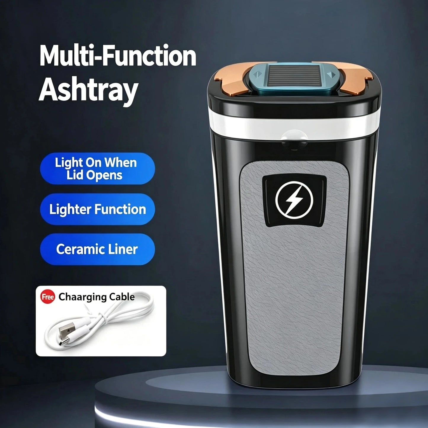Hanging Car Solar Ashtray with Built-in Lighter & Night Light, Ceramic Liner Multifunctional Vehicle Ash Tray, Premium Auto Inte