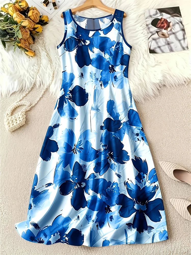 Summer Fashion Round-Neck Women's Dresses Botanical Floral Color-Blocked Patchwork Dresses Travel Party and Beach Dresses