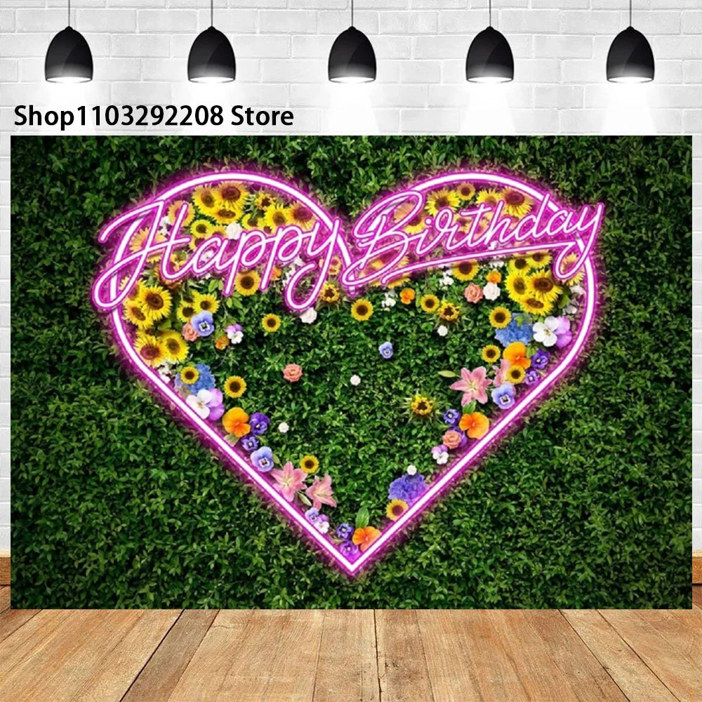 Neon Floral Pink Heart Theme Grass Happy Birthday Cake Neon Glow in The Dark Party Photography  Girl Background Wall Supplies